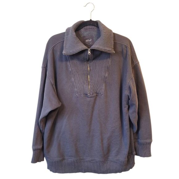 aerie Tops - Aerie Women's Charcoal Grey Ribbed Collar Sweatshirt Size L
